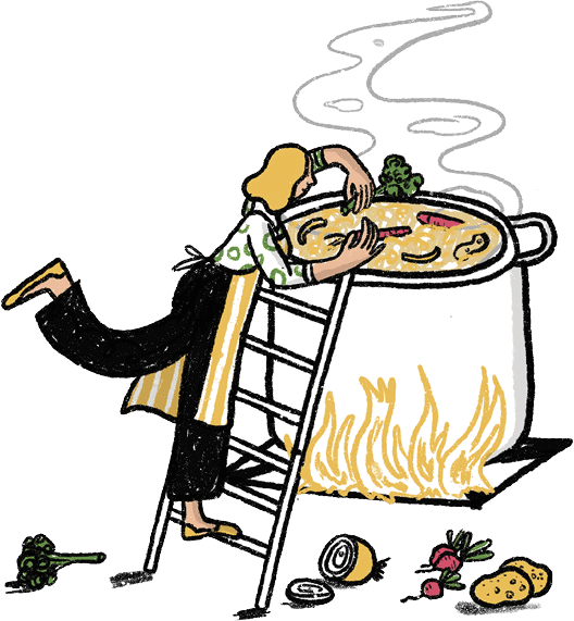 Illustration of a woman standing on a ladder while adding ingredients to a very large pot of vegetable soup