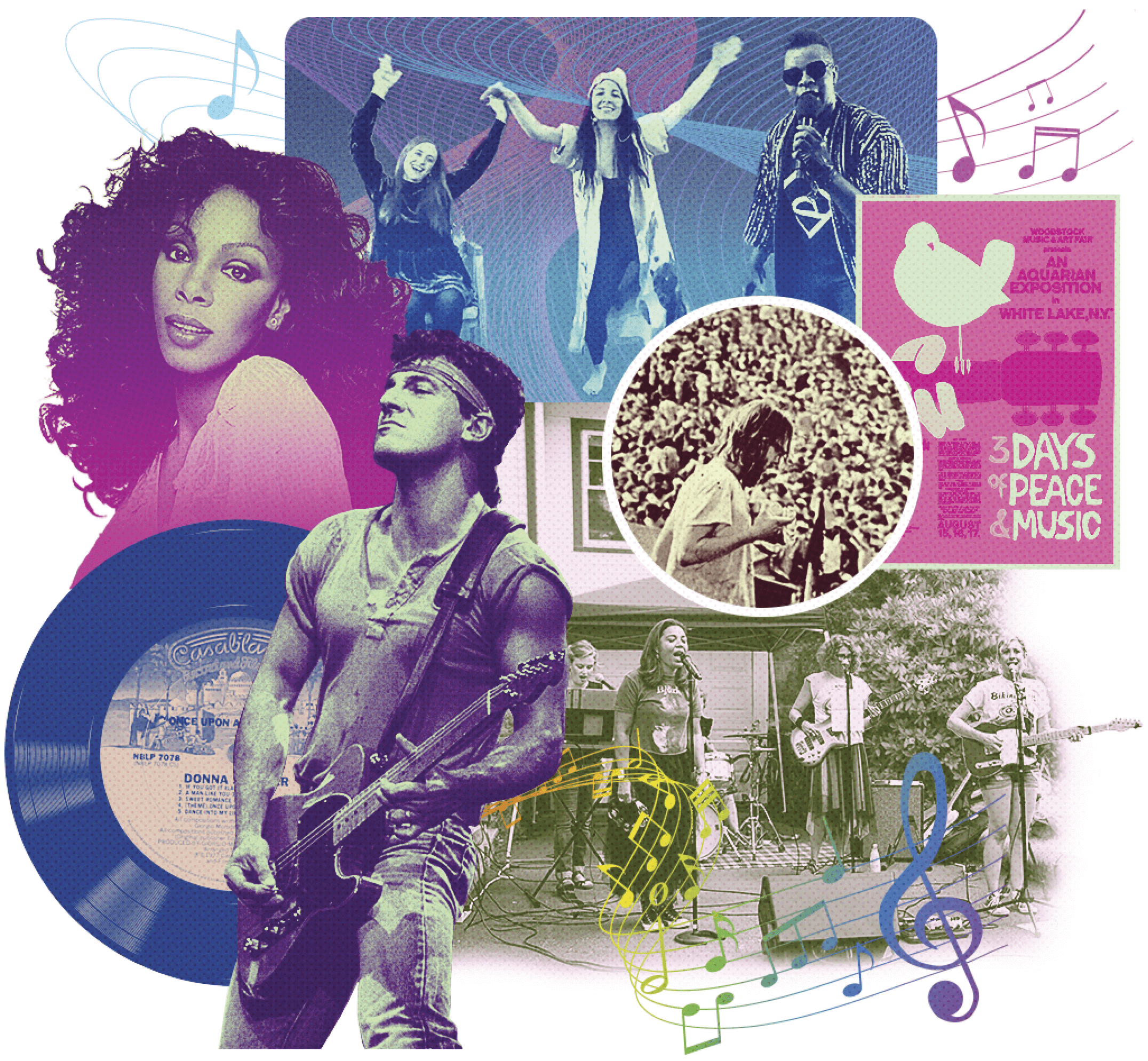 Photo collage of several musical artists and items including Bruce Springsteen, a Donna Summer record and a Woodstock Music and Art Fair poster 