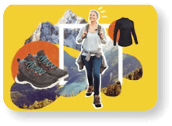 Photo illustration of a woman hiking outdoors with insets of hiking shoes and a black top