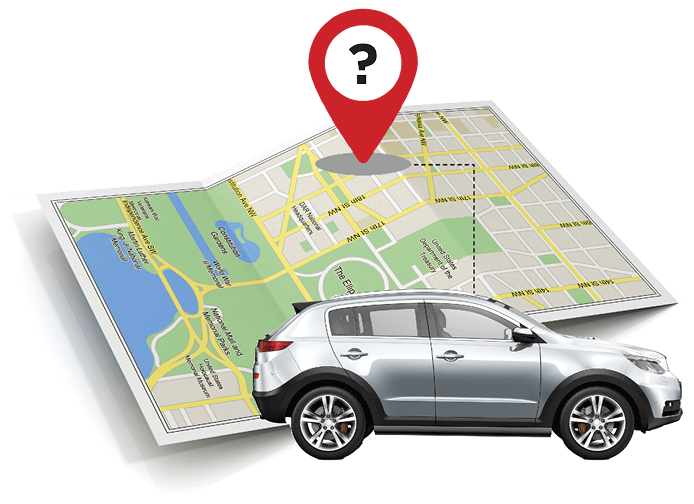 Photo illustration of a small silver car overlapping a map with a red location marker with a question mark on it