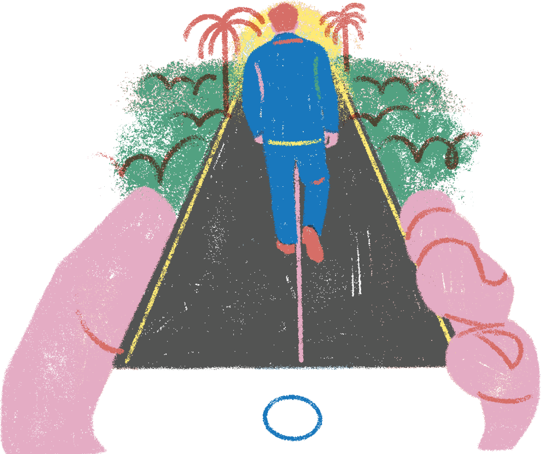 Conceptual illustration of a hand holding a road shaped like a smartphone with a man walking away down the middle