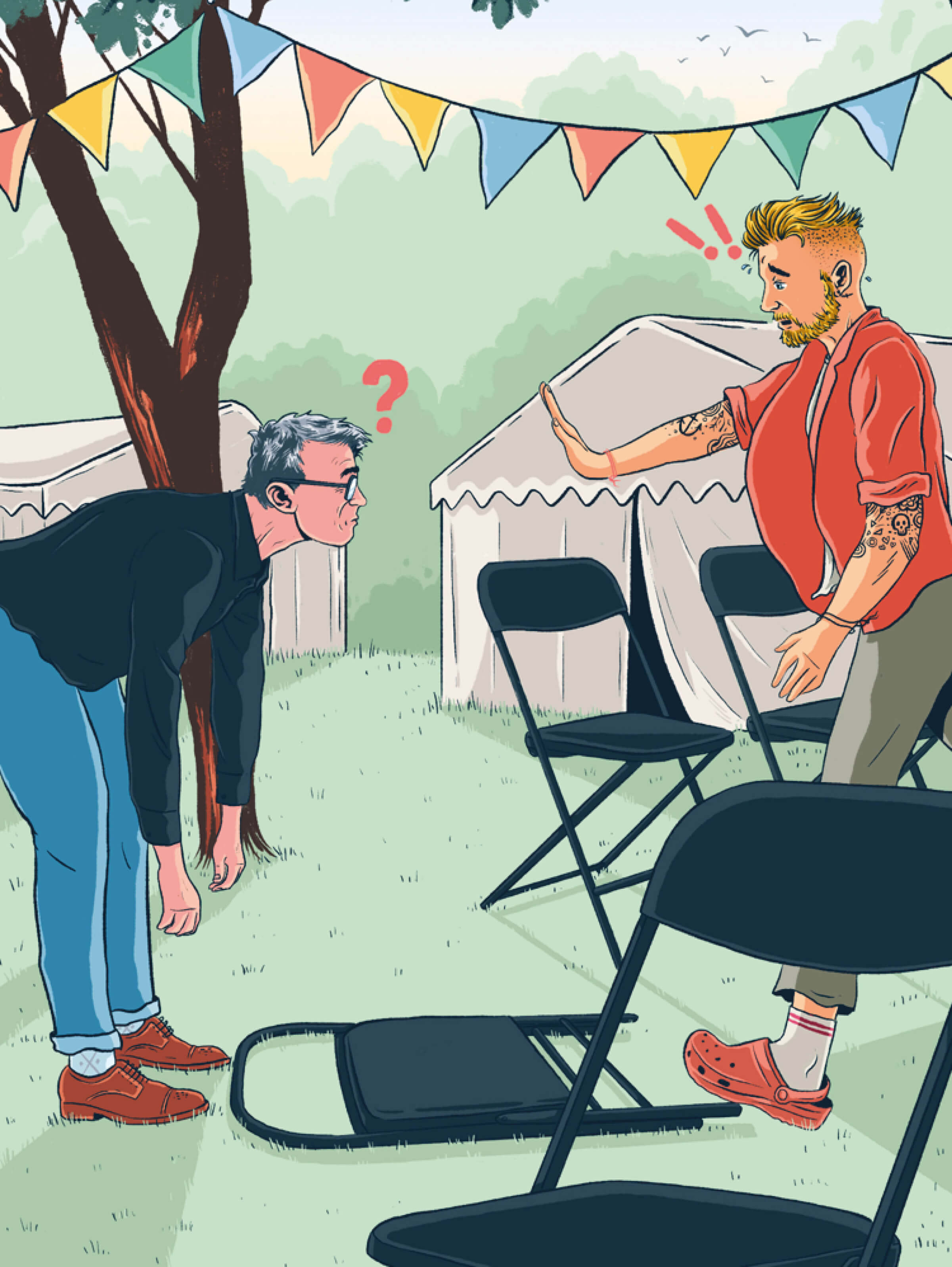 Illustration of a man cautioning another man not to bend down and pick up a fallen folding chair on the lawn