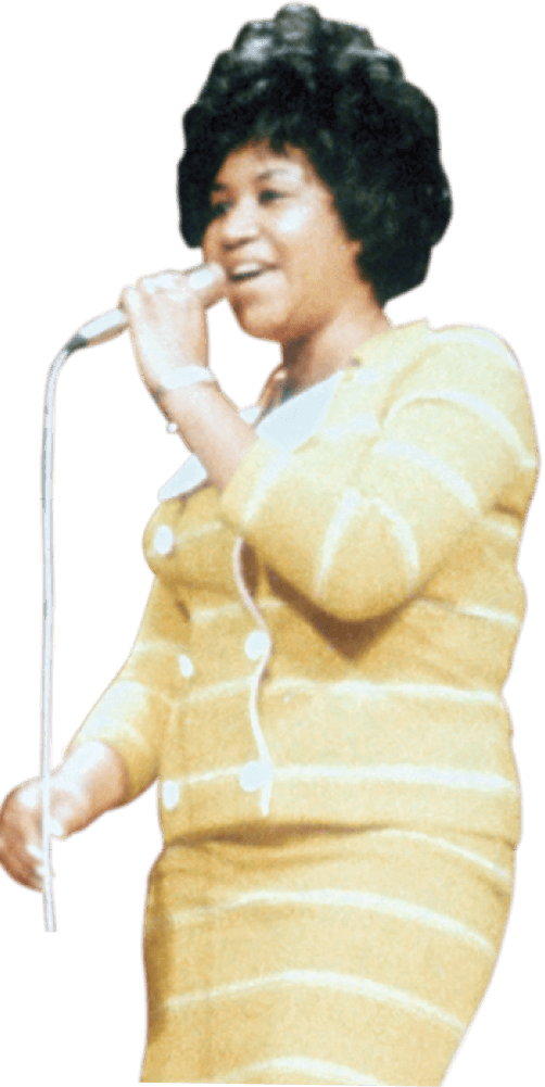 Photo of Aretha Franklin performing in a yellow and white-striped suit