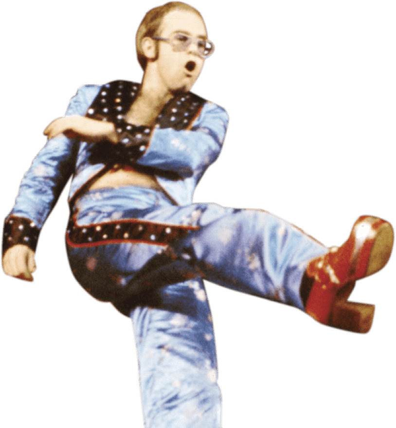 Photo of Elton John kicking up his right heel