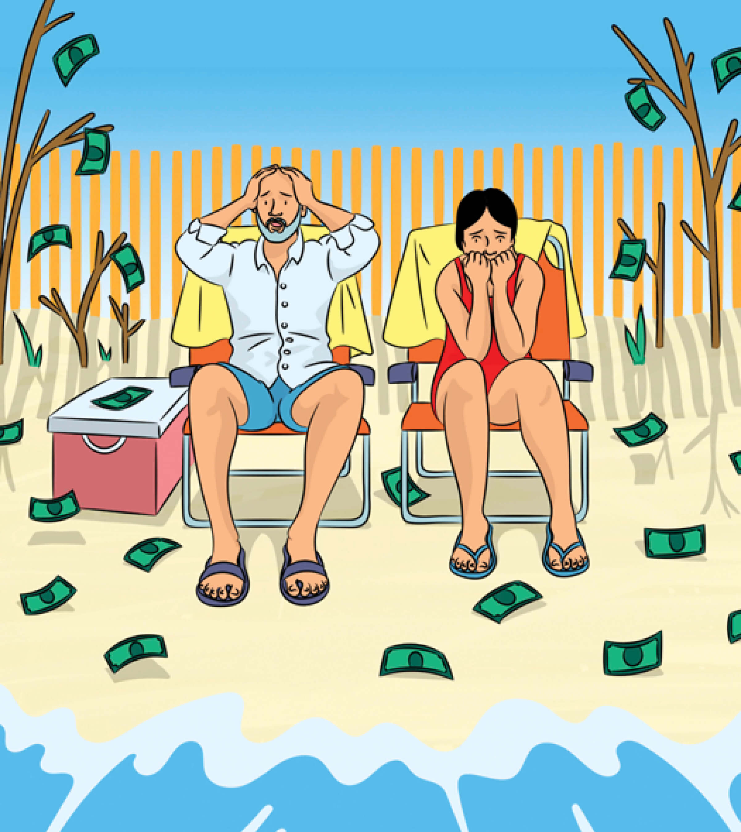 Illustration of a worried-looking couple sitting on a beach with green paper money falling all around them