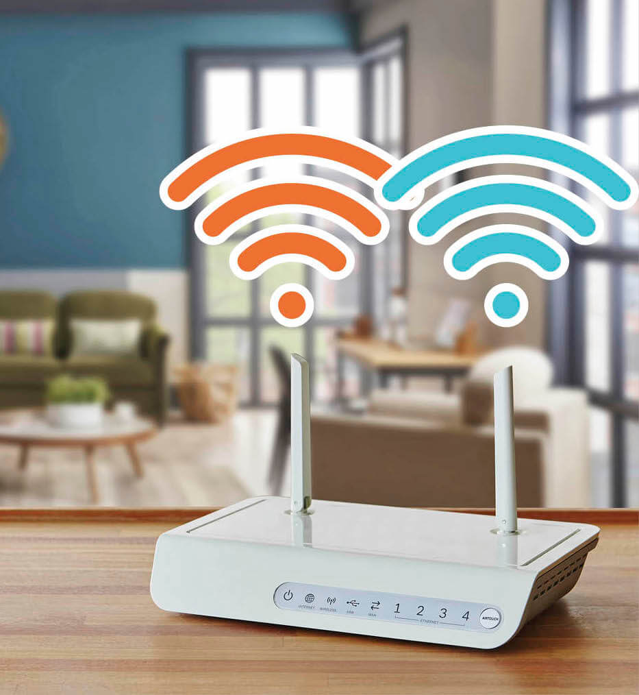 Photo illustration of a WiFi router showing 2 WiFi signals rising above it