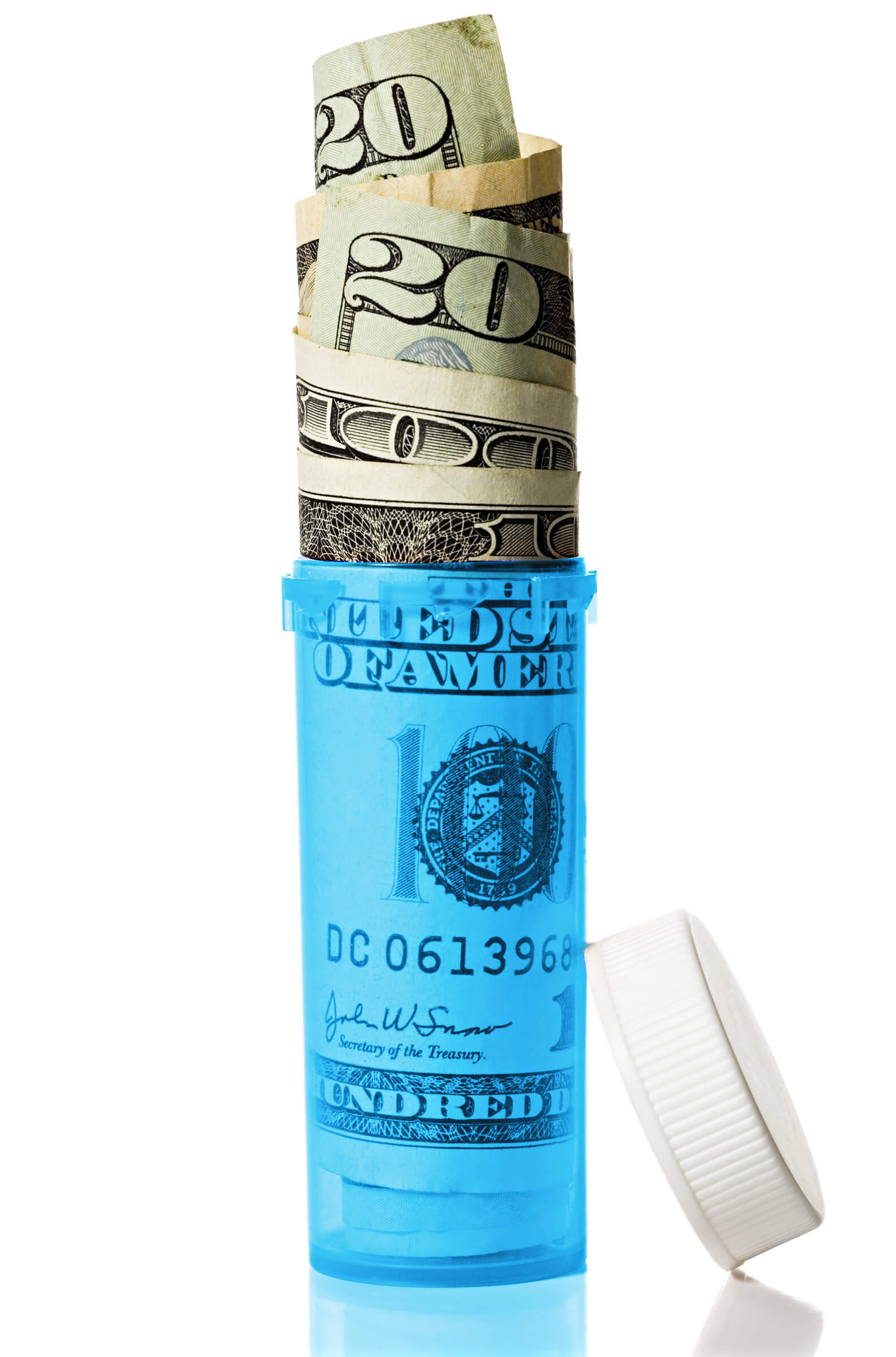 Photo of several twenty dollar bills rolled up and sticking out the top of a blue plastic prescription pill bottle