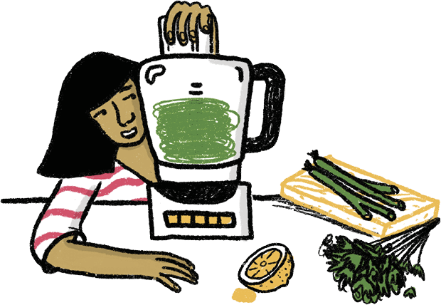 Illustration of a woman blending some chopped wilted greens in a blender