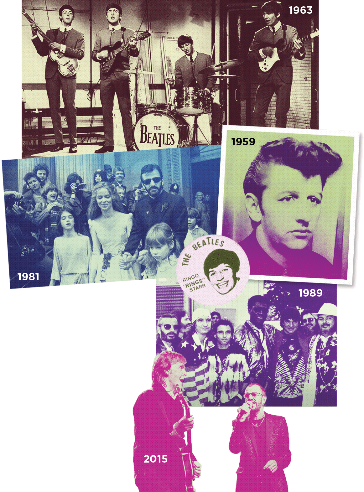 Photo collage showing Ringo Starr from 1963 through 2015