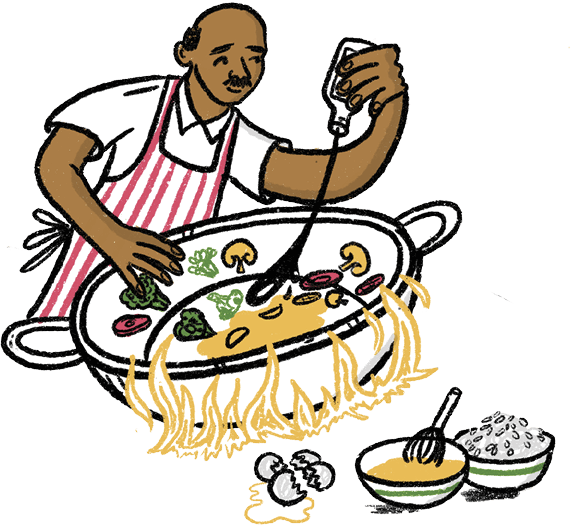 Illustration of a man adding a splash of soy sauce to a large pan of fried rice