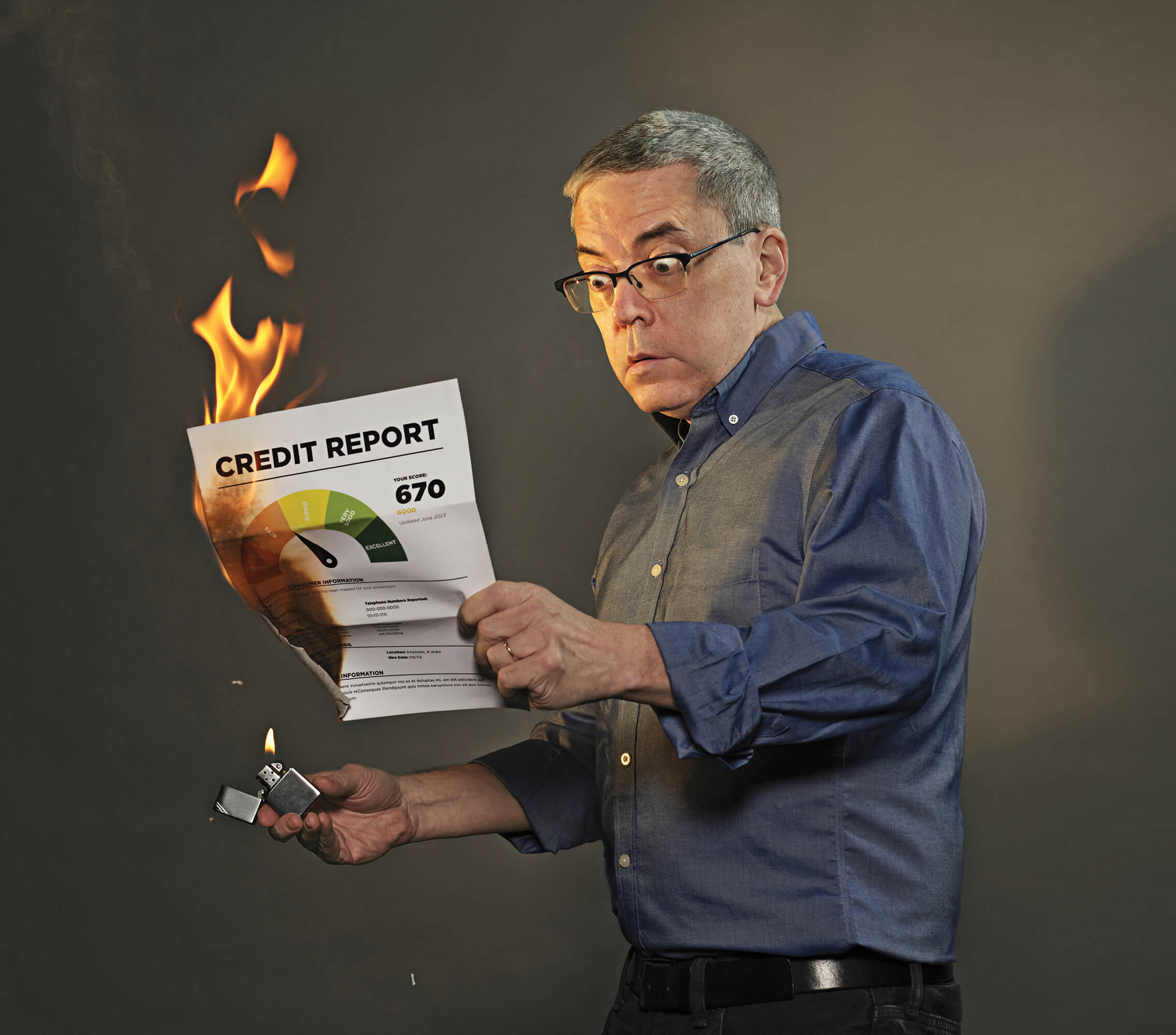 Humorous photo of shocked-looking George Mannes holding a credit report that's on fire in his left hand while holding a lighter in his right hand