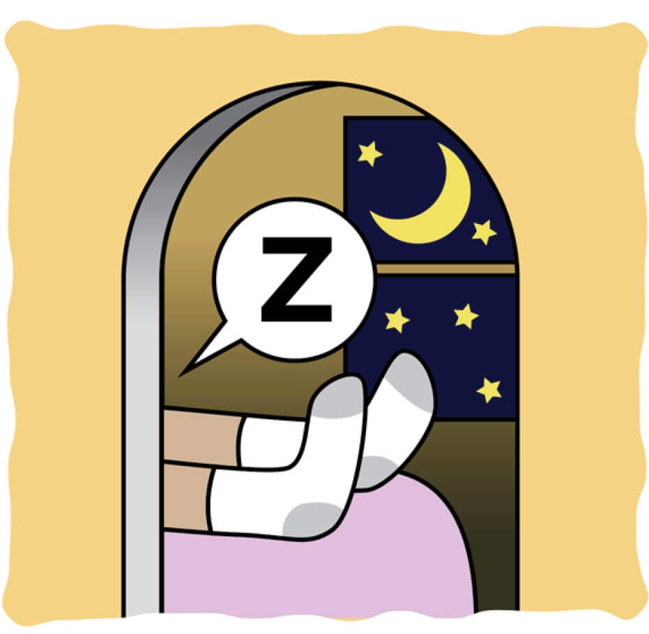 Illustration showing a person sleeping on a bed in a bedroom as seen through the room's doorway