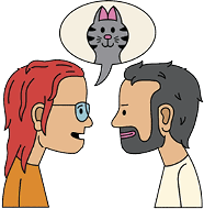 Illustration of 2 people having a conversation about a pet cat