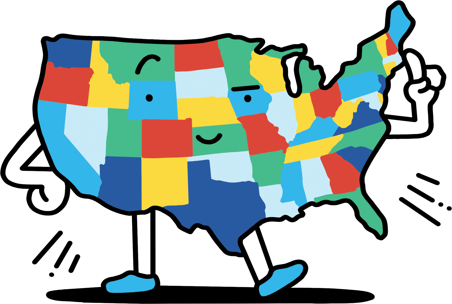 Illustration of a colorful map of the United States with face, hands and feet