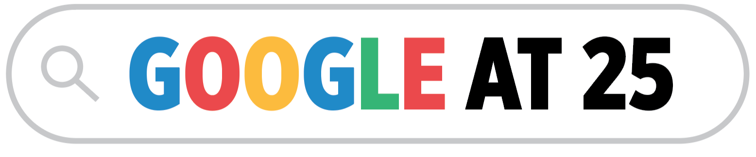 Illustrated headline that says GOOGLE AT 25 in a web browser's search field