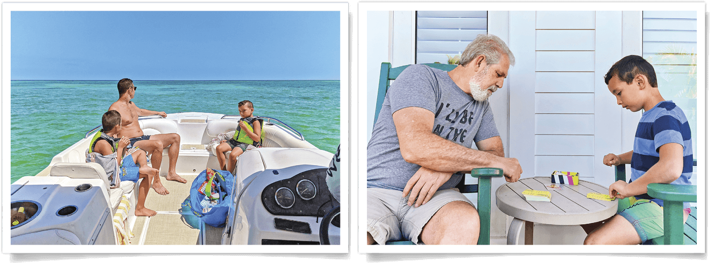 Photograph of their family enjoying a boat ride; Photograph of Rob Taylor’s father and son playing a game together 