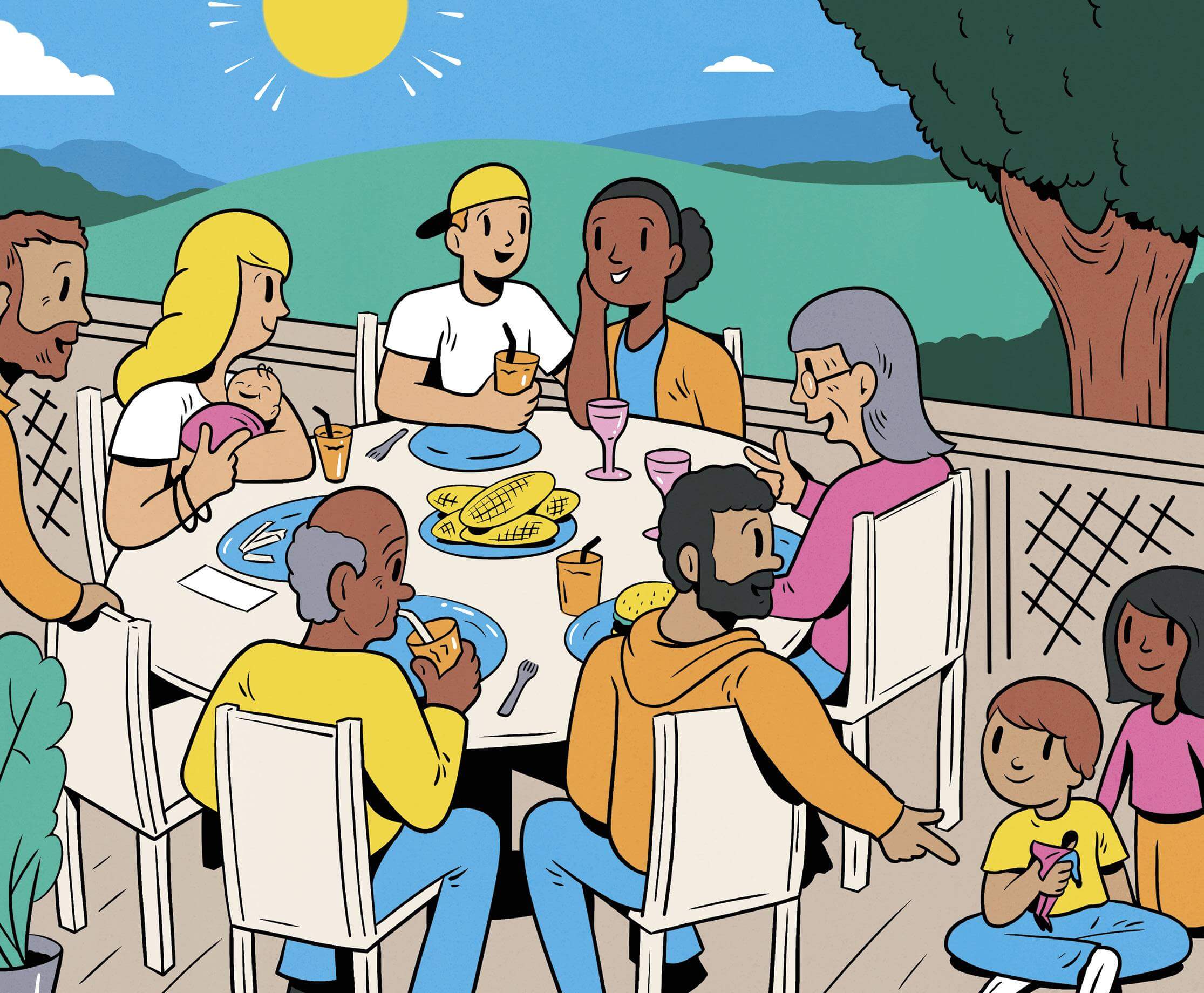 Illustration of a multigenerational family enjoying a meal together 