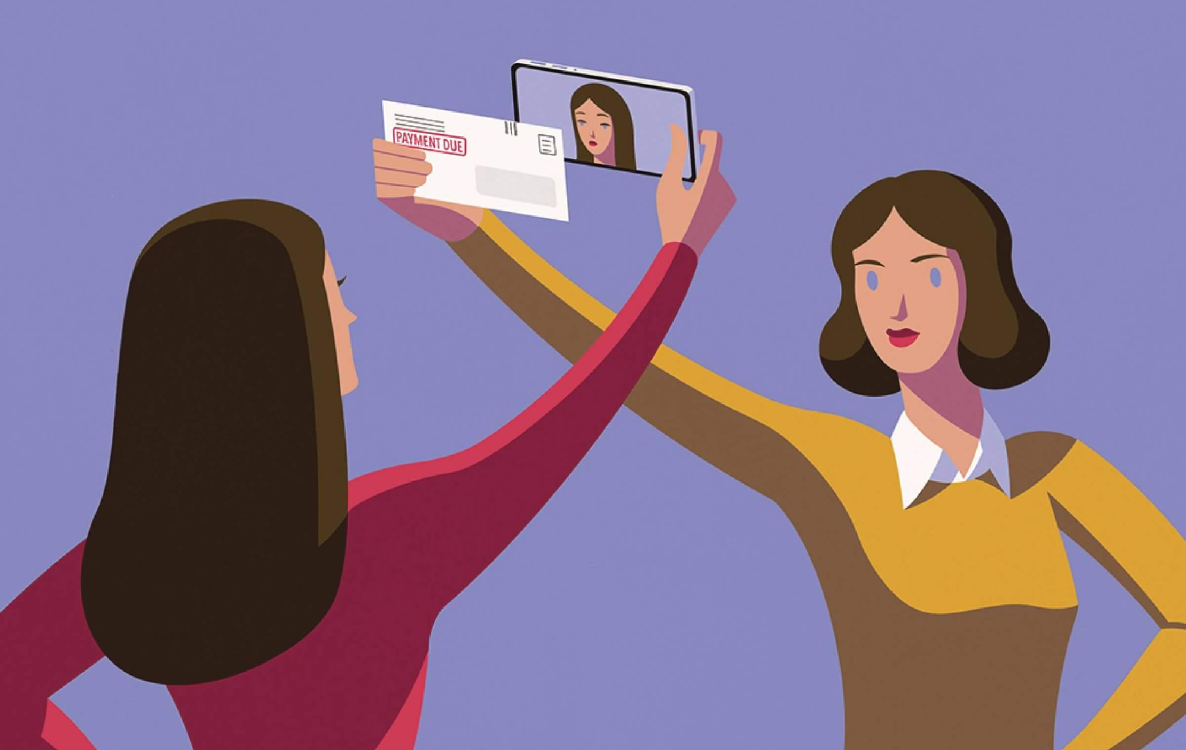Illustration of a woman in a red shirt holding up a PAYMENT DUE envelope toward a woman in a yellow shirt, holding a smartphone displaying a video call.