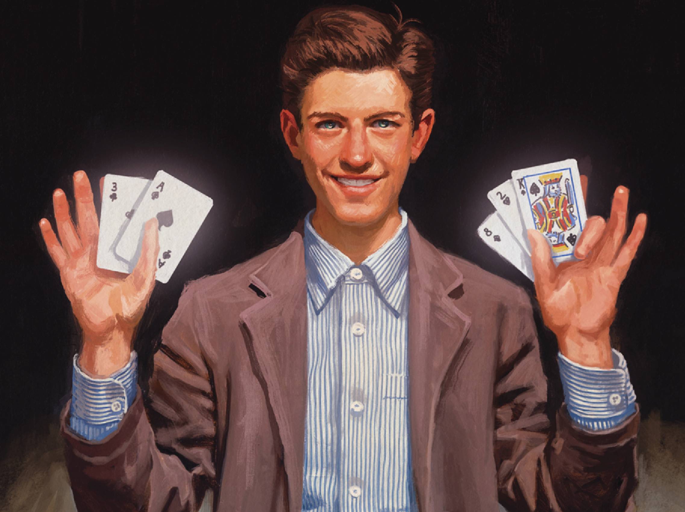 Illustration of a young Dick Van Dyke holding up playing cards in both hands