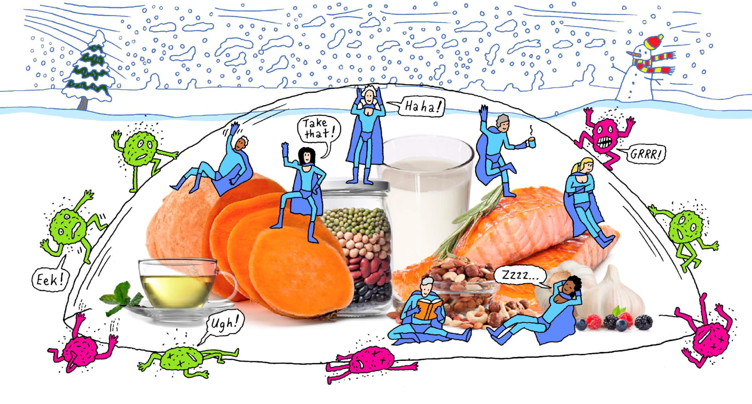 A colorful, cartoon-style illustration showing various healthy foods floating in a pile, including salmon fillets, sweet potatoes, whole nuts, beans, garlic cloves, yogurt in a glass, and small red and blue berries. Tiny illustrated figures are climbing on and around the foods. 