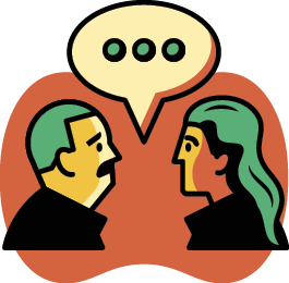 Illustration of a man and a woman talking to either other 