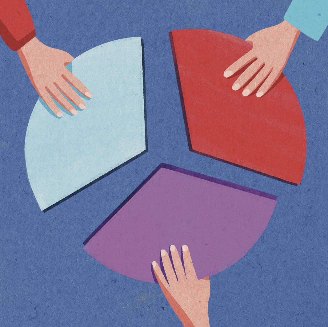 A graphic illustration showing a large, circular pie chart split into three unequal, brightly colored sections (red, green, and blue). A pair of human hands reach into the center of the chart, with fingers separating the three sections. 