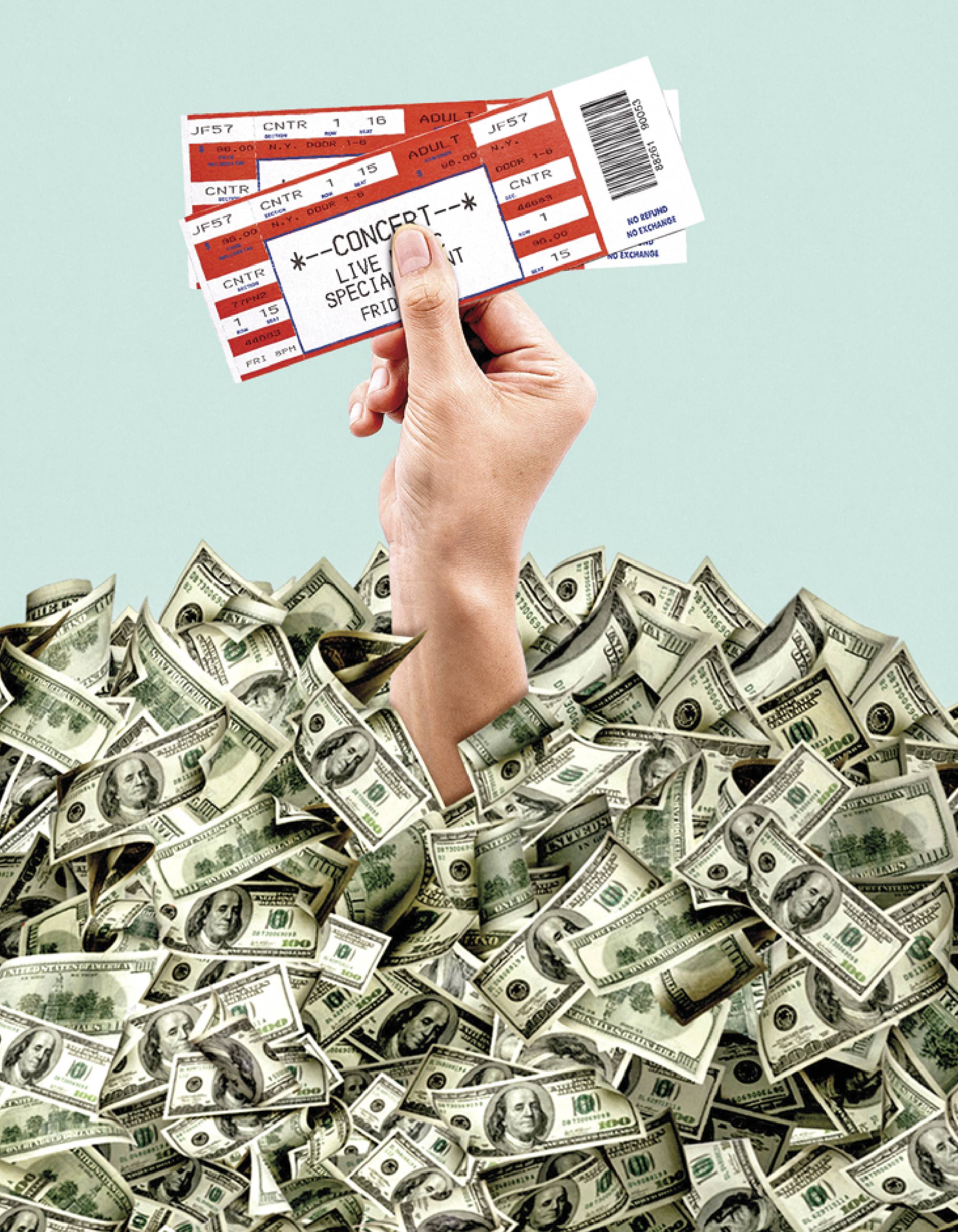 Photo illustration of a hand holding out concert tickets amidts a pile of money