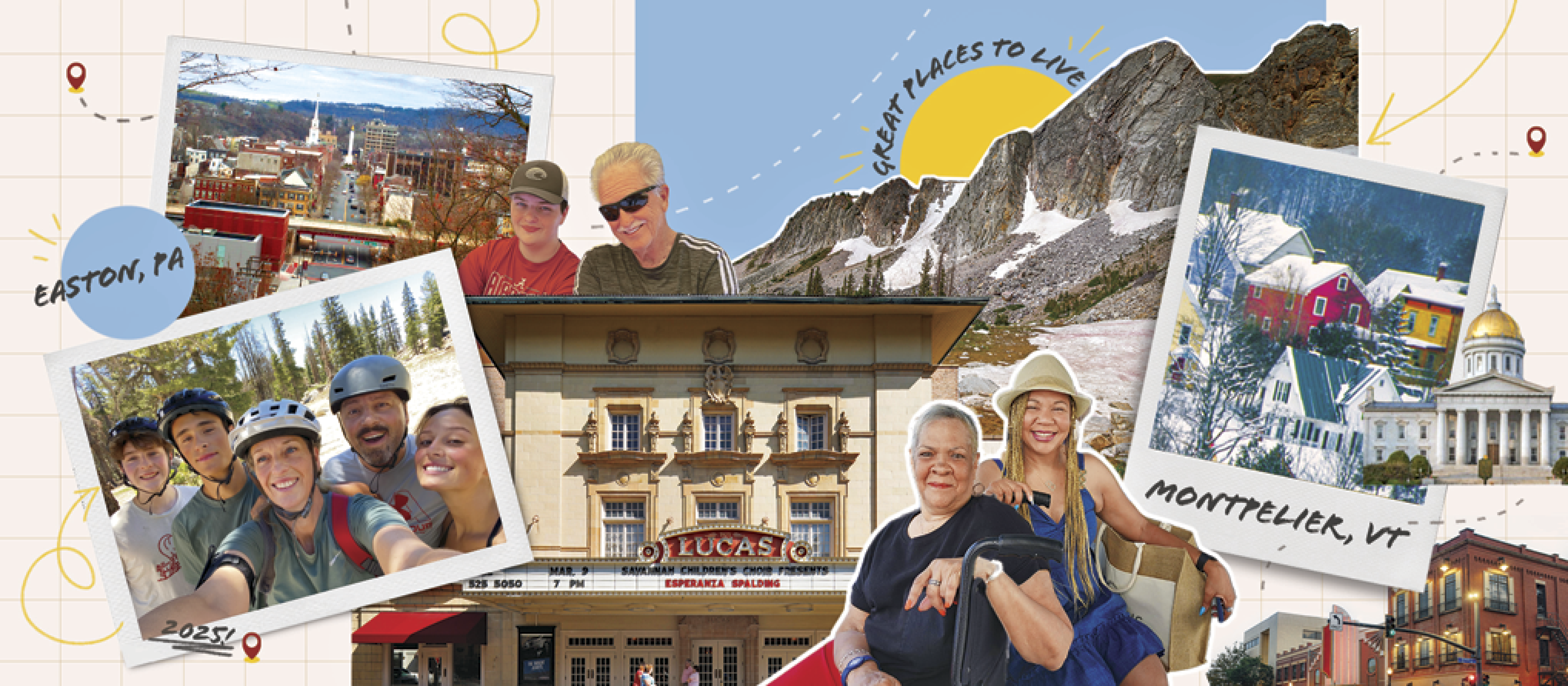 Photocollage of buildings from the following areas: Easton in Pennsylvania and Montpelier in Vermont interspersed with images of multigenerational families enjoying vacations together