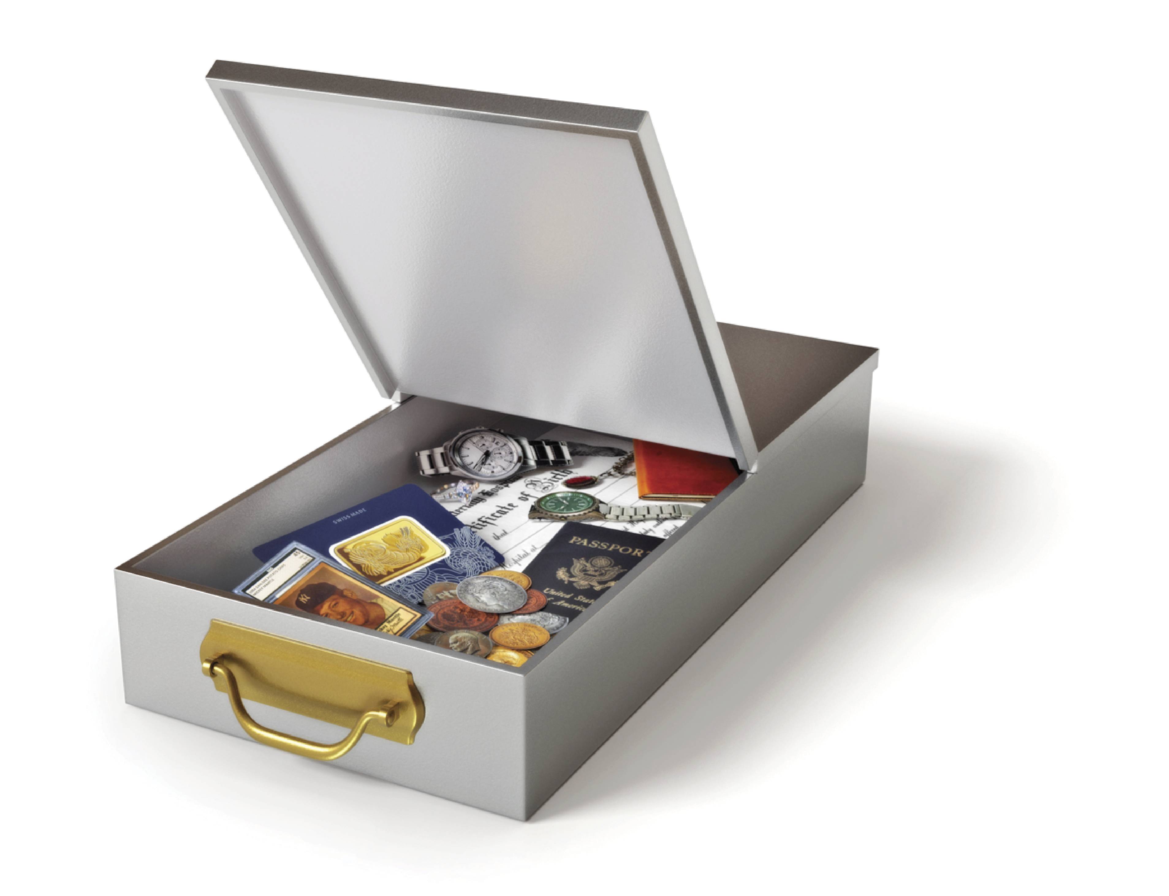 A large, open, metal briefcase-style safe-deposit box revealing various valuables, including stacks of foreign currency, a passport, a watch, and various documents.