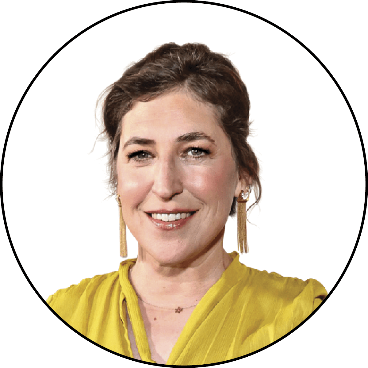 Portrait of Mayim Bialik. She is wearing long earrings and a yellow dress