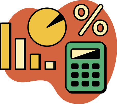 Illustration of a calculator with statistics around it 