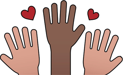 Illustration of several hands raised up with hears surrounding it 
