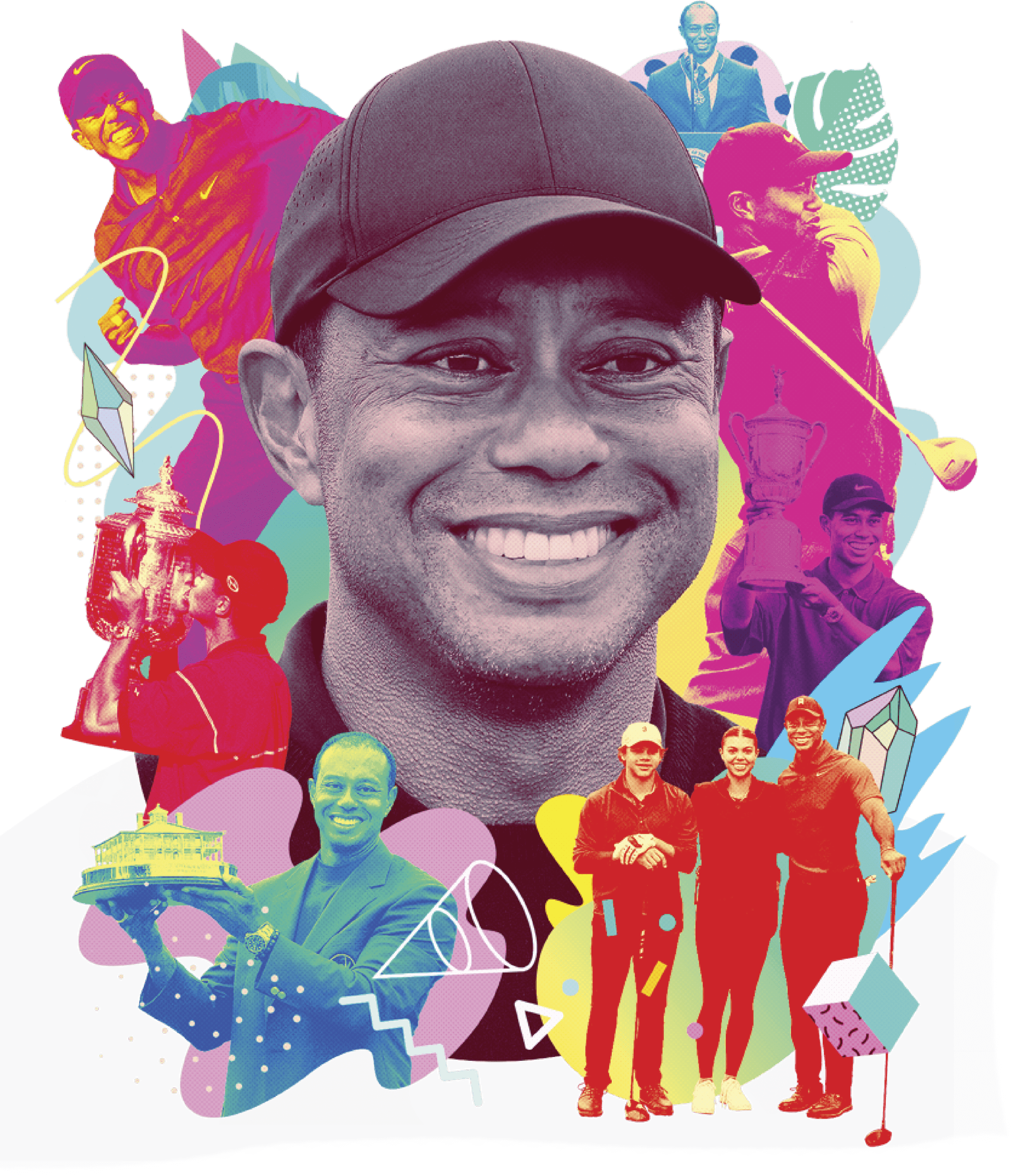 Collage of several image of Tiger Woods 