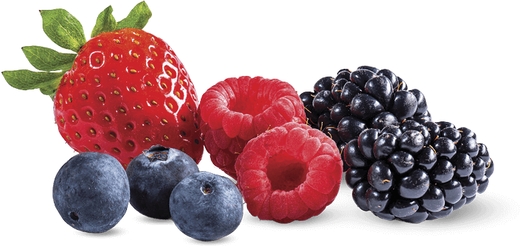 A small pile of raspberries and blackberries 