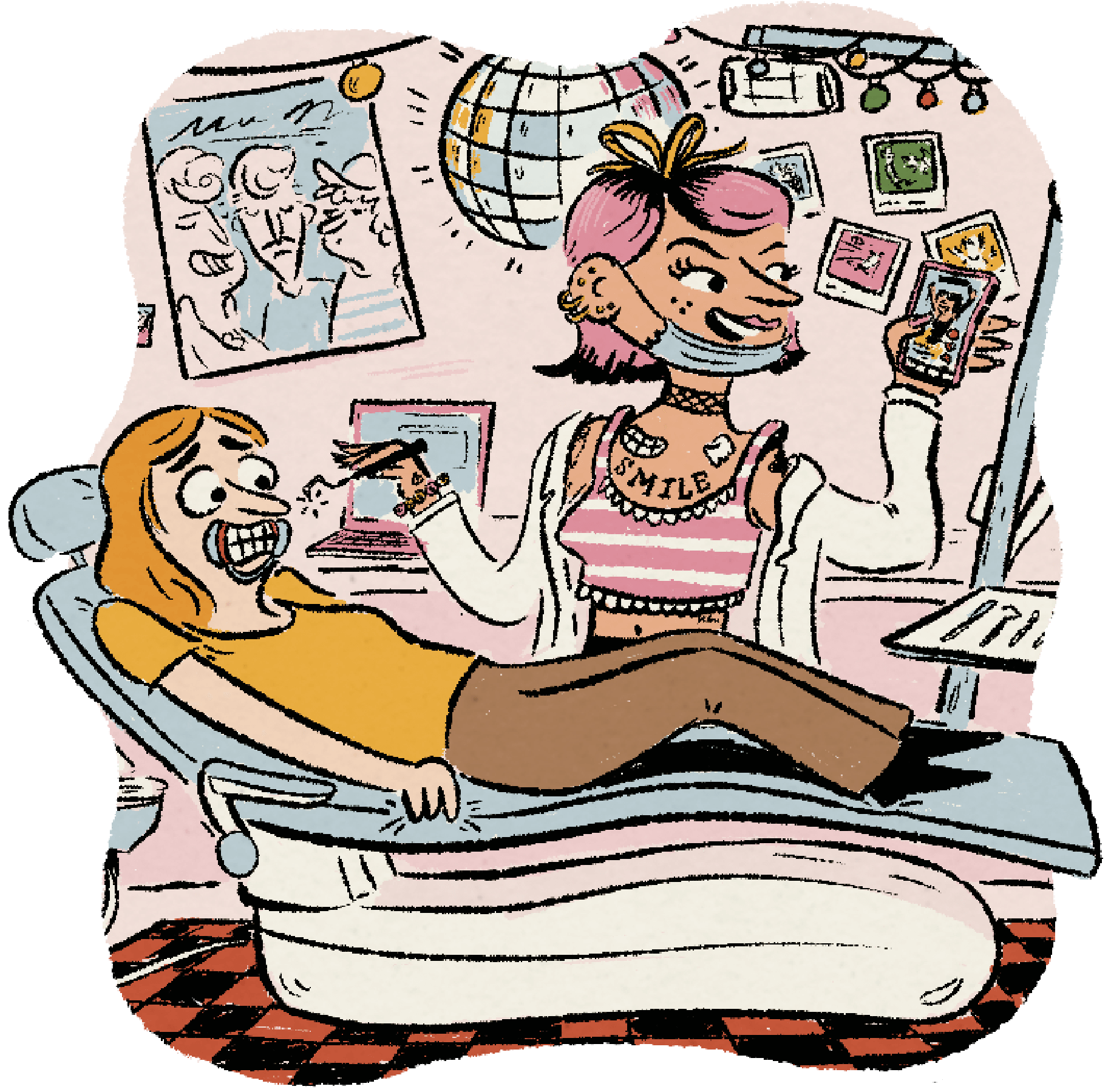 A cartoon illustration showing a dentist and a patient in a dental chair. The dentist, wearing a mask and holding a dental tool, is pulling a cellphone out of the open mouth of the patient, rather than a tooth. The patient is sitting up and looks slightly annoyed or surprised by the procedure. 