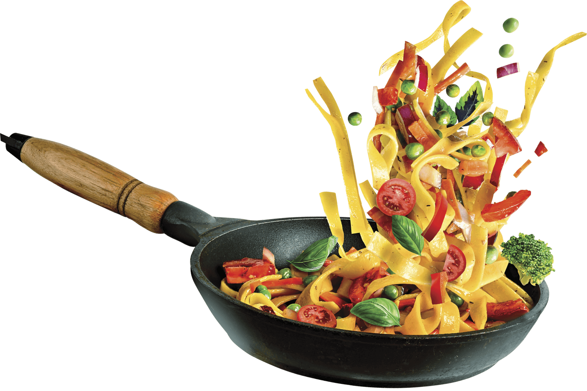 A black frying pan is shown tossing colorful food ingredients like noodles, vegetables, and herbs high into the air against a light background.
