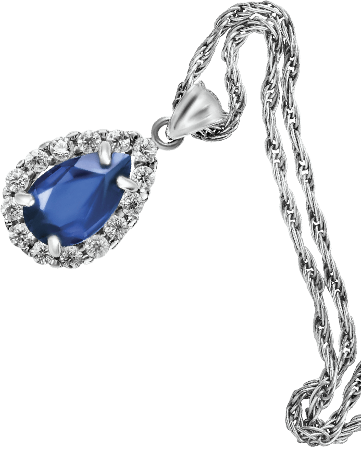 A delicate silver necklace with a large, faceted blue gem pendant is draped over the right side of the open box.