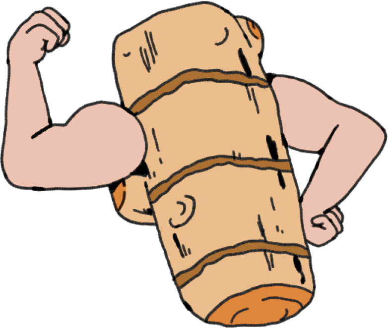 Illustration of a stick of turmeric showing off its biceps like a bodybuilder 