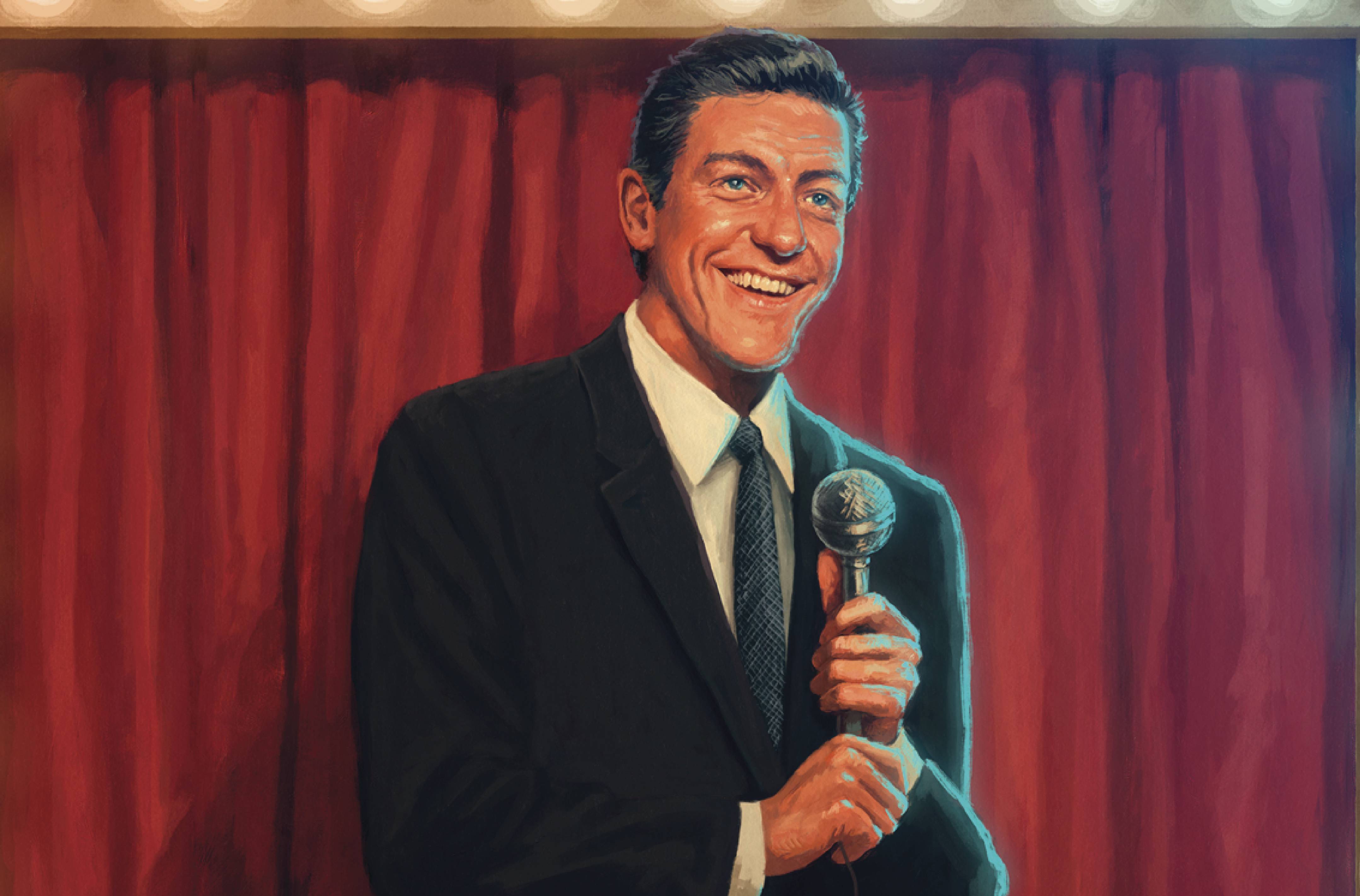 Illustration of a young Dick Van Dyke standing on a stage with a microphone in hand