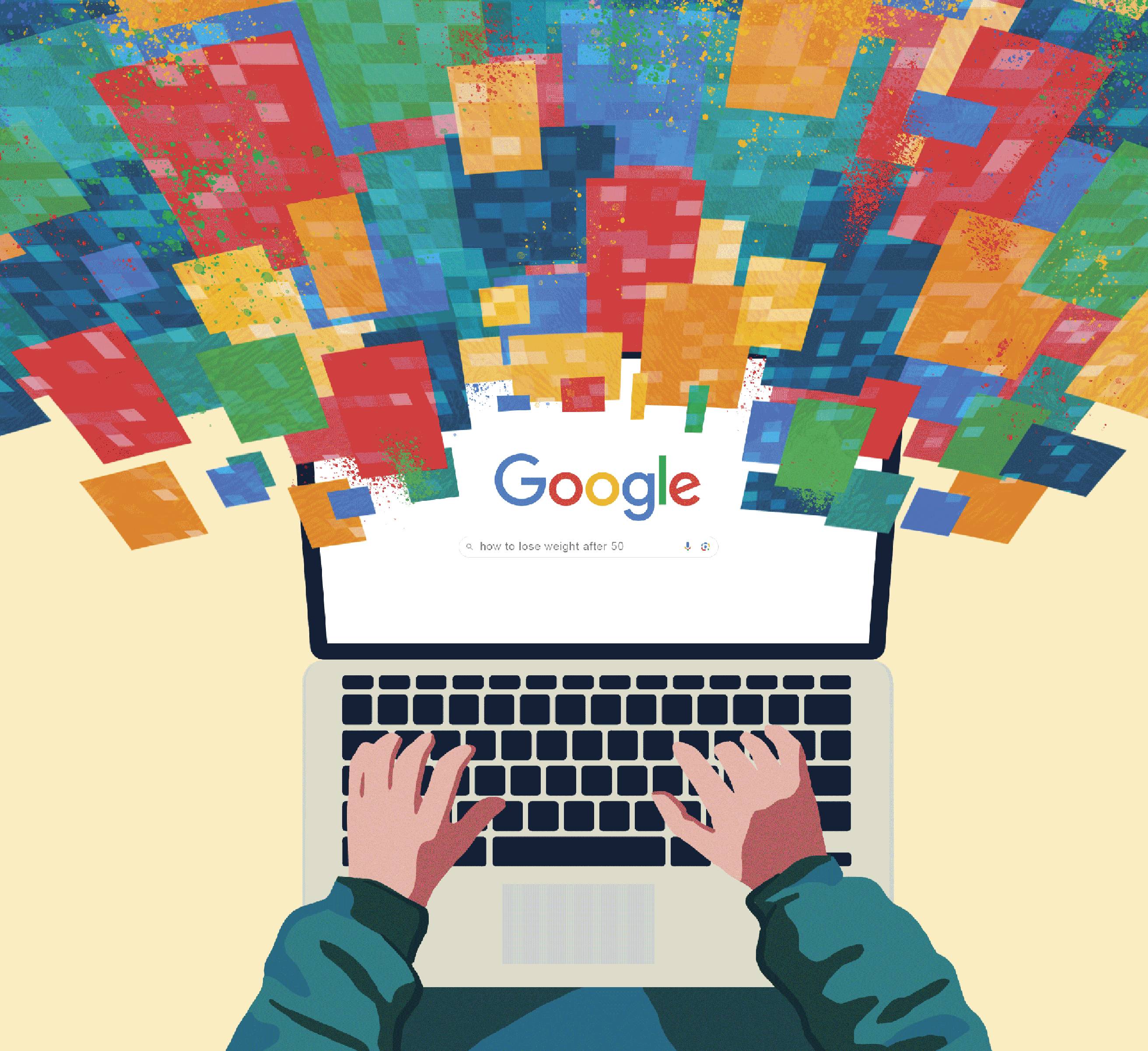 The image shows a person typing on a laptop. The laptop screen displays the Google homepage. From the screen, colorful rectangular shapes in shades of red, blue, green, orange, and yellow appear to be bursting or flowing upward and outward, creating a dynamic visual effect. The person’s hands are visible on the keyboard, and they are wearing a long-sleeved greenish jacket. 