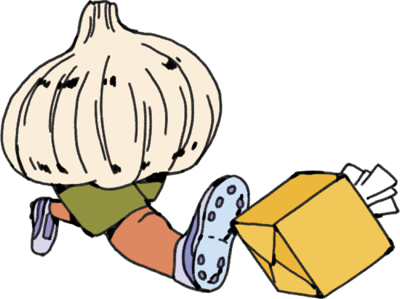 Illustration of garlic with legs running away from a box of tissues 