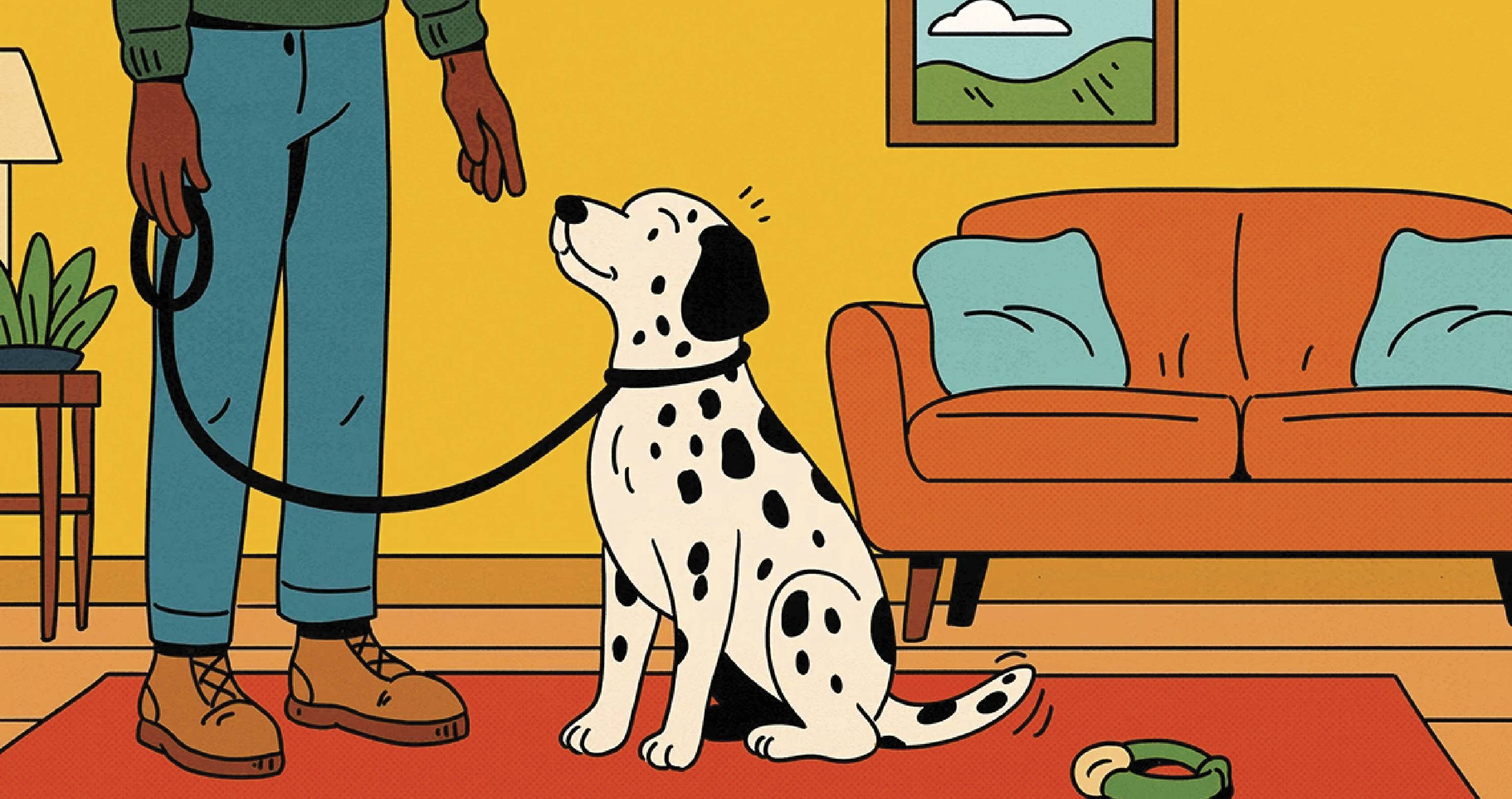 A person stands holding a leash attached to a white dog with black spots sitting on the floor in front of a couch and table inside a living room.