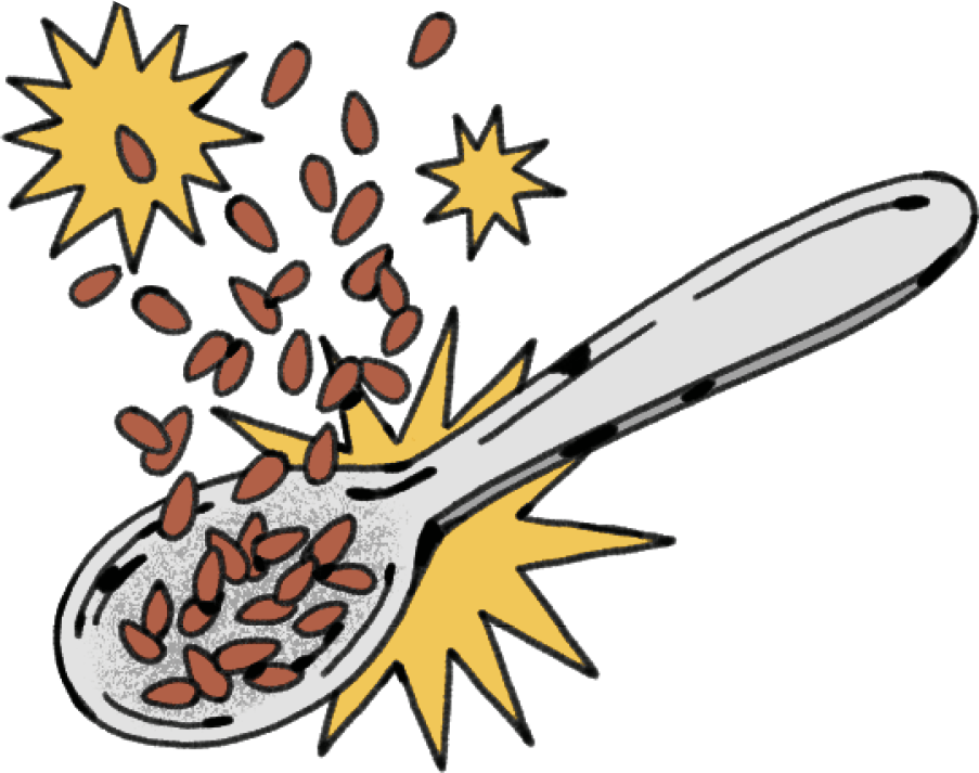 Illustration of a spoon full of flaxseeds with yellow starburst behind it 