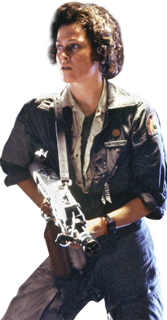 Portrait of Sigourney Weaver holding a gun from the movie Alien