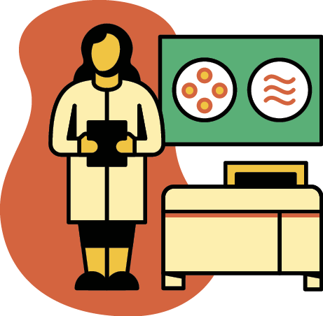 Illustration of an oncologist with a clipboard and a chart behind her suggesting medical terms