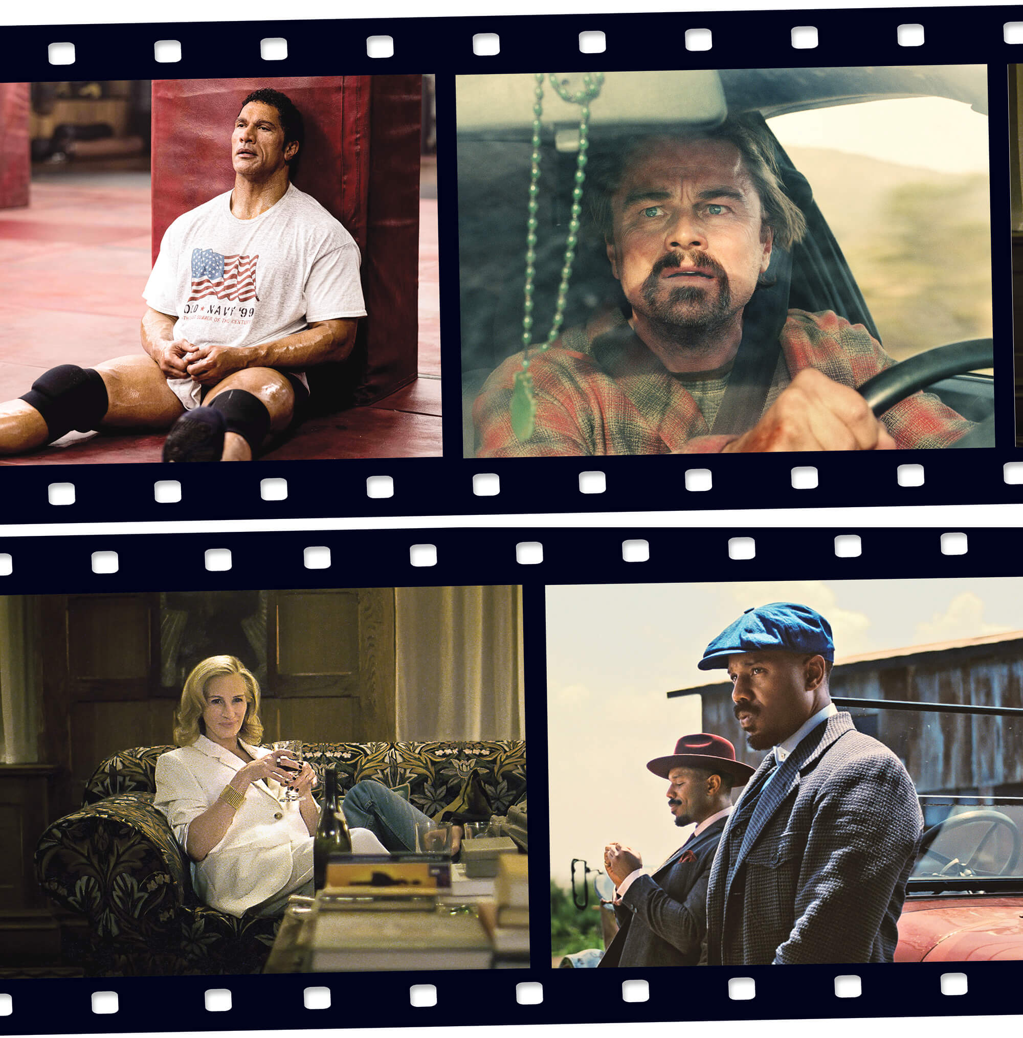 Dwayne Johnson in The Smashing Machine, sitting in a wrestling ring, wearing a white and blue athletic top with a US flag design. Leonardo DiCaprio in One Battle After Another looking gritty, is standing with his head turned, wearing a beige jacket and a dark shirt; Julia Roberts in After the Hunt, sitting on a white couch, looking relaxed, holding a wine glass, and wearing a cream-colored top. Michael B. Jordan in Sinners. wearing a suit and hat, standing outdoors, looking serious, with another