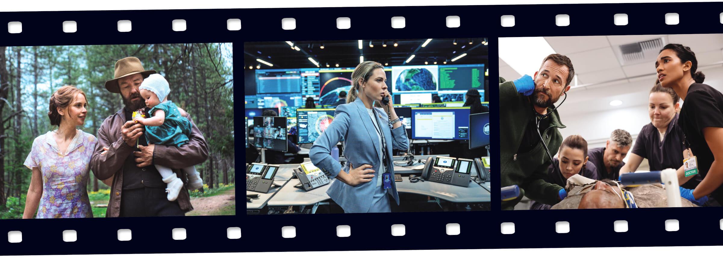 Joel Edgerton in Train Dreams, in a hat and period clothes, holds a bundled baby next to a woman (Felicity Jones) in a dress, standing outdoors in a forest. Rebecca Ferguson in A House of Dynamite, in a blue suit, stands in a high-tech command center with many monitors, talking intensely on a phone. Noah Wyle in The Pit, wearing scrubs, leans over a patient with a focused expression as he and a team of medical staff work on the patient in an emergency room.