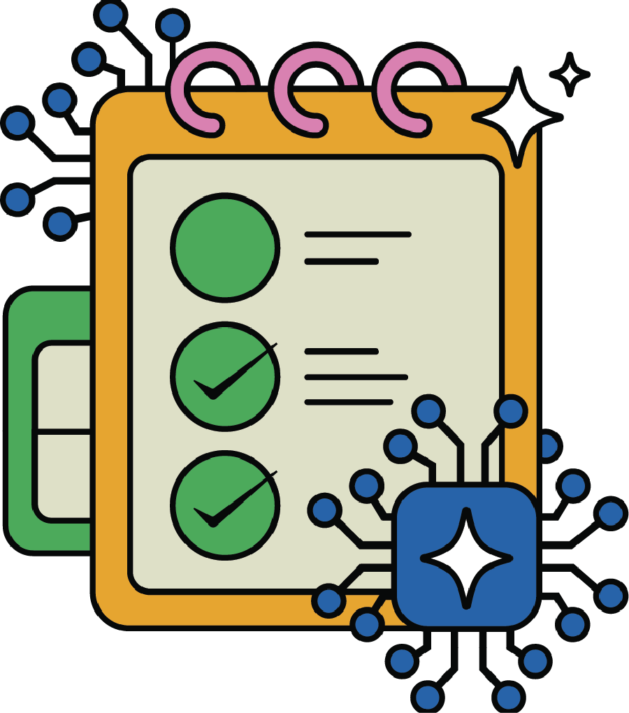 Illustration of a to-do list with a sparkle shape to depict AI.