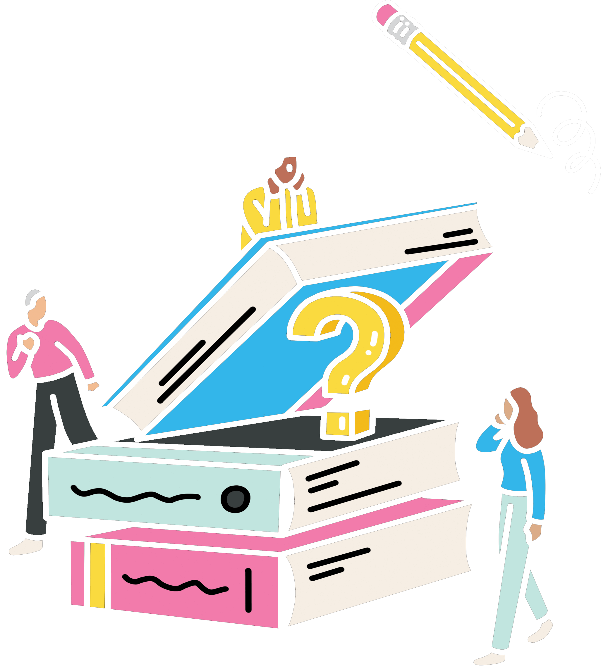 Illustration of a stack of books with a question mark in the middle of the books
