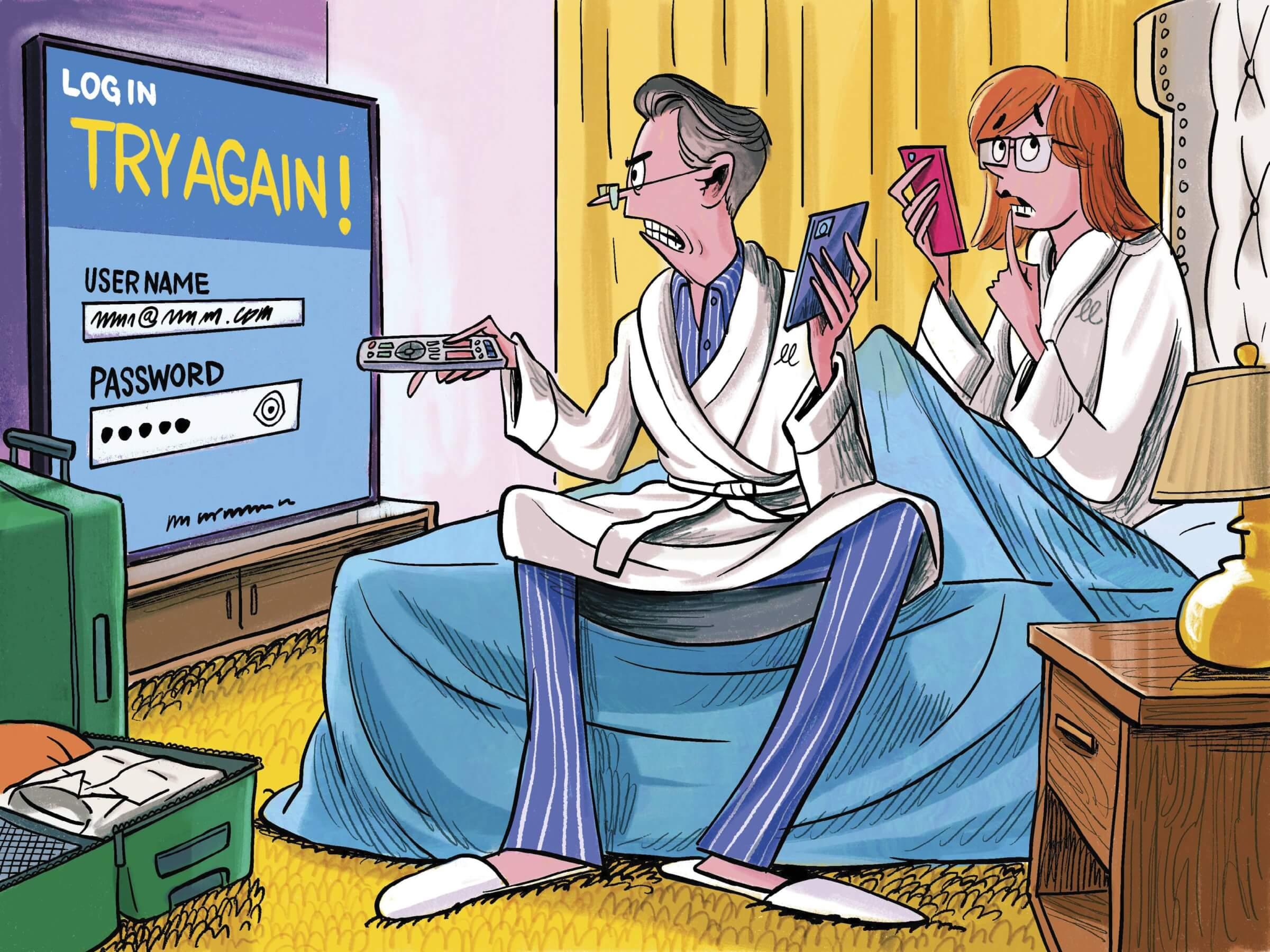 An illustration of a man and a woman relaxing in a hotel room. The man, wearing a robe, is sitting on the bed using his phone, while the woman, also in a robe, is looking at him with a puzzled expression while holding a tablet. A large TV screen in front of them displays a login error screen that says LOG IN TRY AGAIN!. 